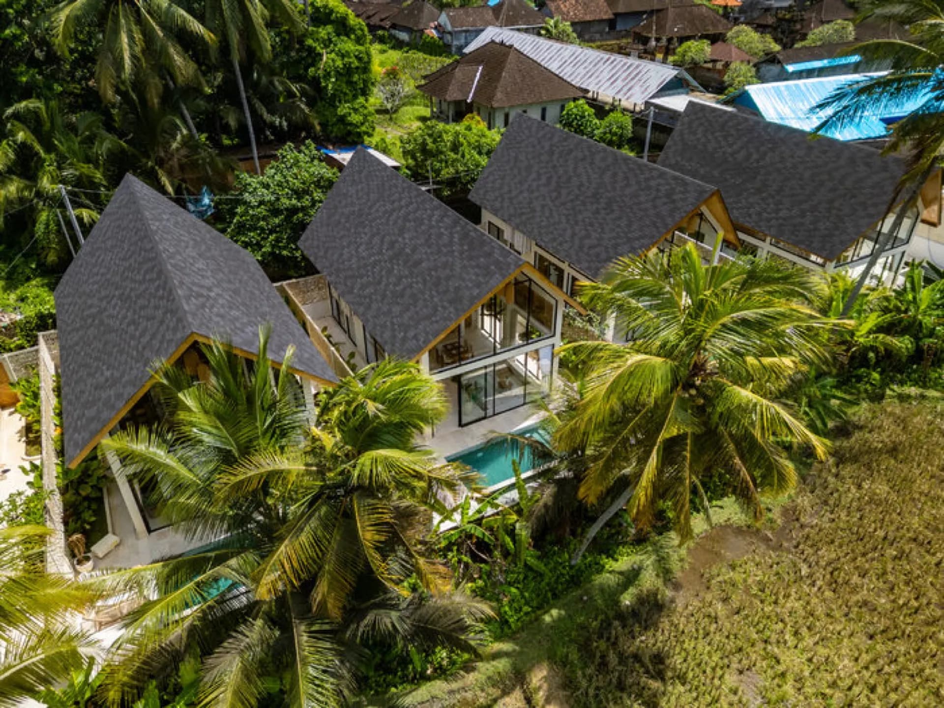 Dzen Green Fields villas among the Ubud rice terraces, from the air