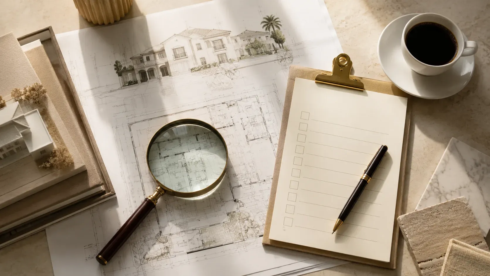 A due-diligence workspace: villa blueprints, a magnifying glass and a checklist laid out on a desk