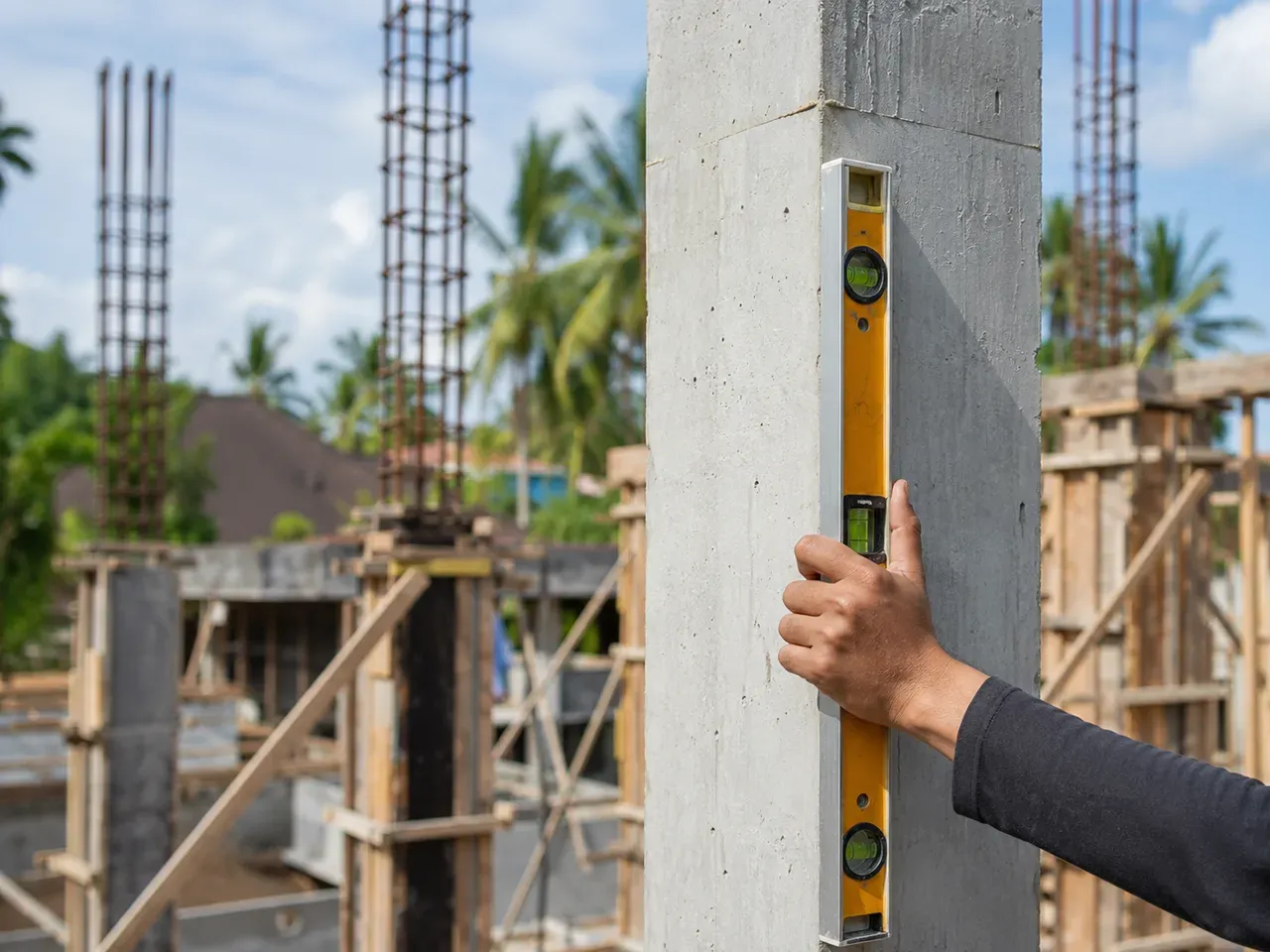 An engineer holds a level against a concrete structural column during a construction site inspection in Bali