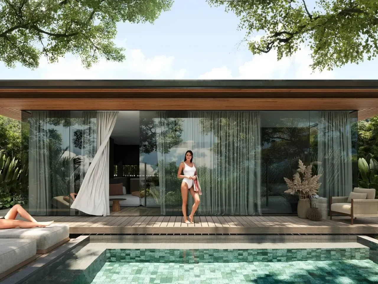 Render of an Aravita villa terrace in Nusa Dua: a woman at the open glass doors while another relaxes beside the green-tiled private pool