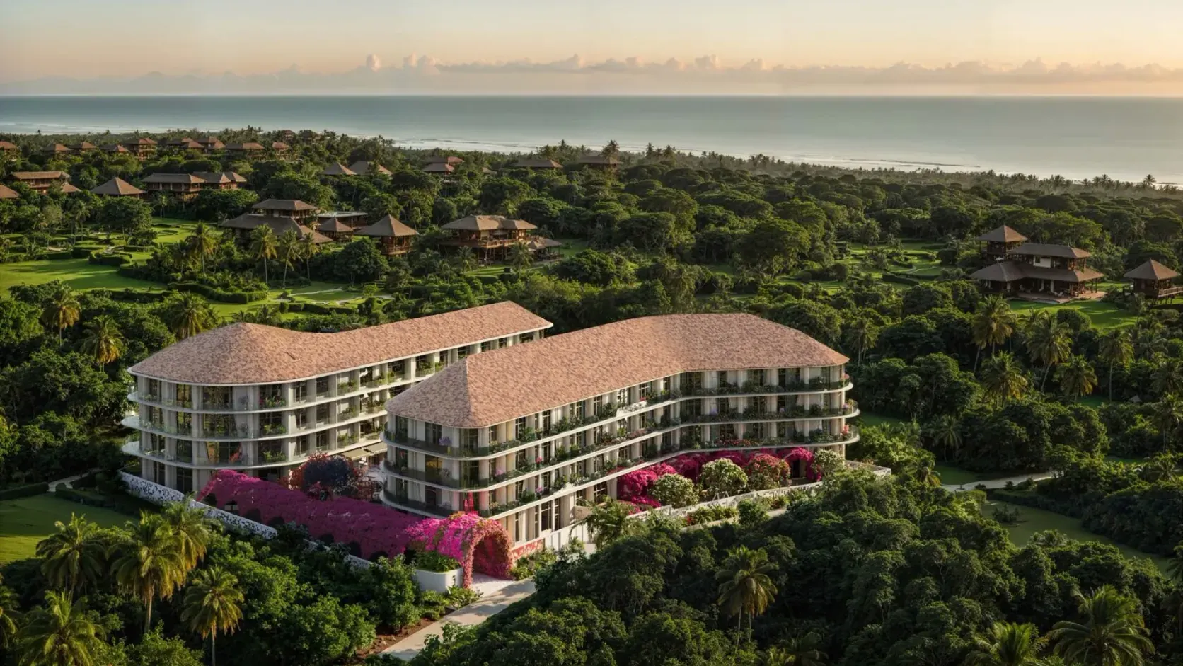 Architectural render of Bloom, BY Radisson Individuals: two curved hotel wings with bougainvillea terraces set in tropical greenery on the Bukit Peninsula, the Indian Ocean on the horizon at sunrise
