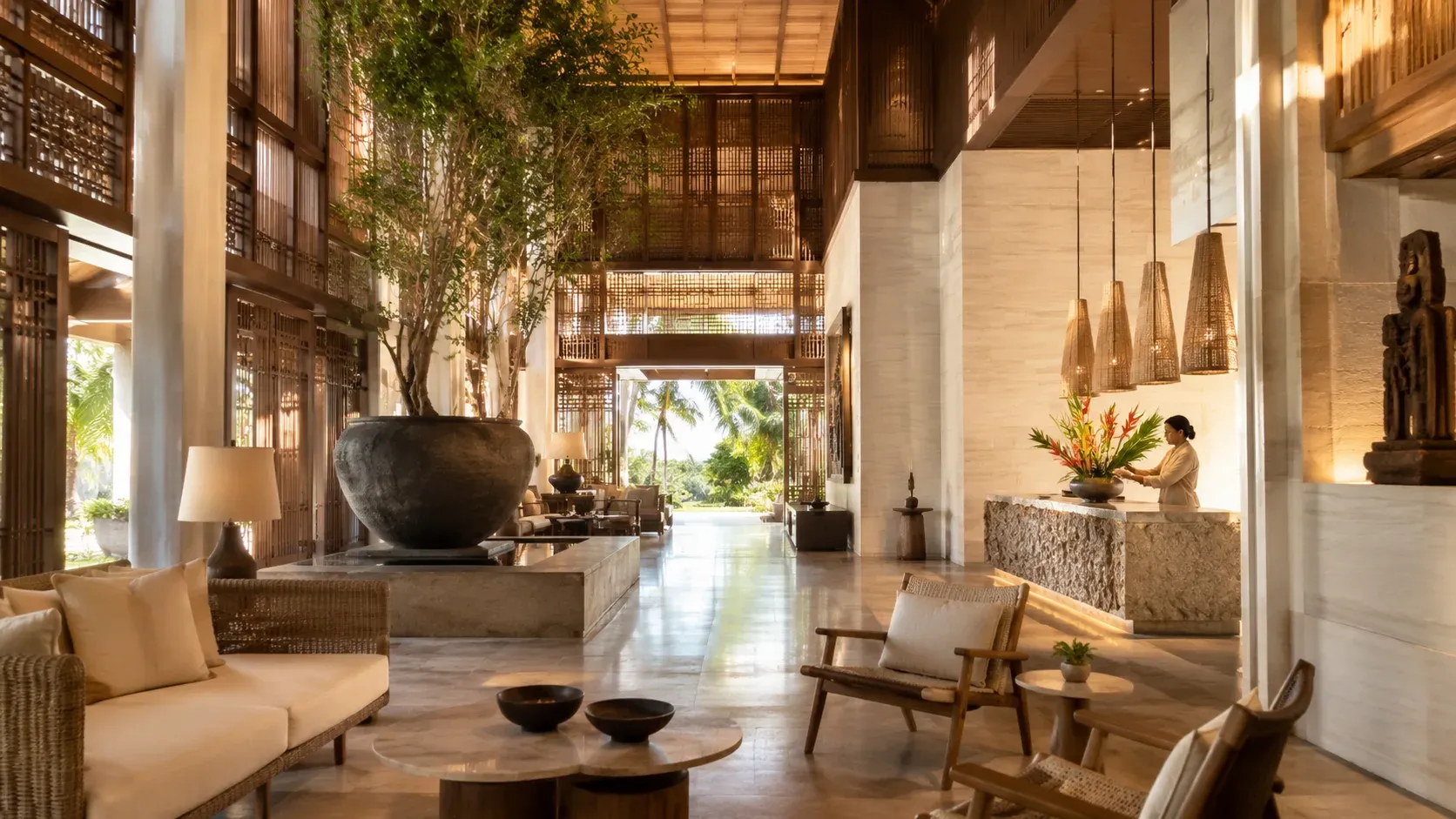 A five-star resort lobby in Bali: double-height ceiling, natural stone and warm wood louvres