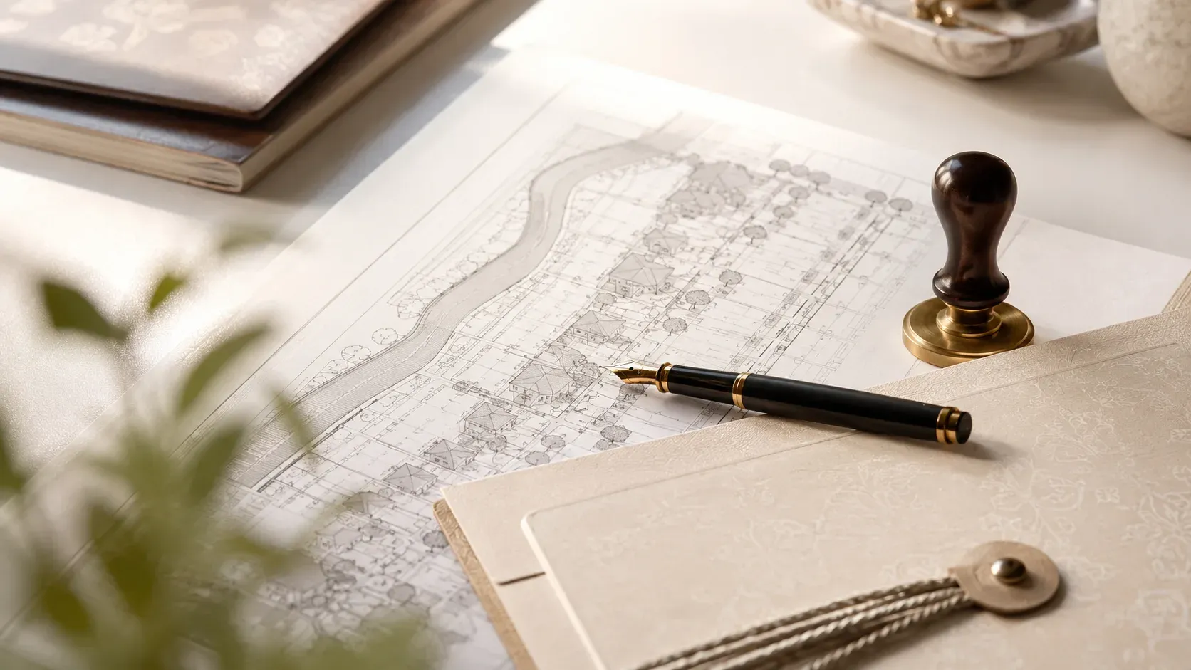 An architectural site plan, fountain pen and notary stamp on a desk: the paperwork of Bali property ownership