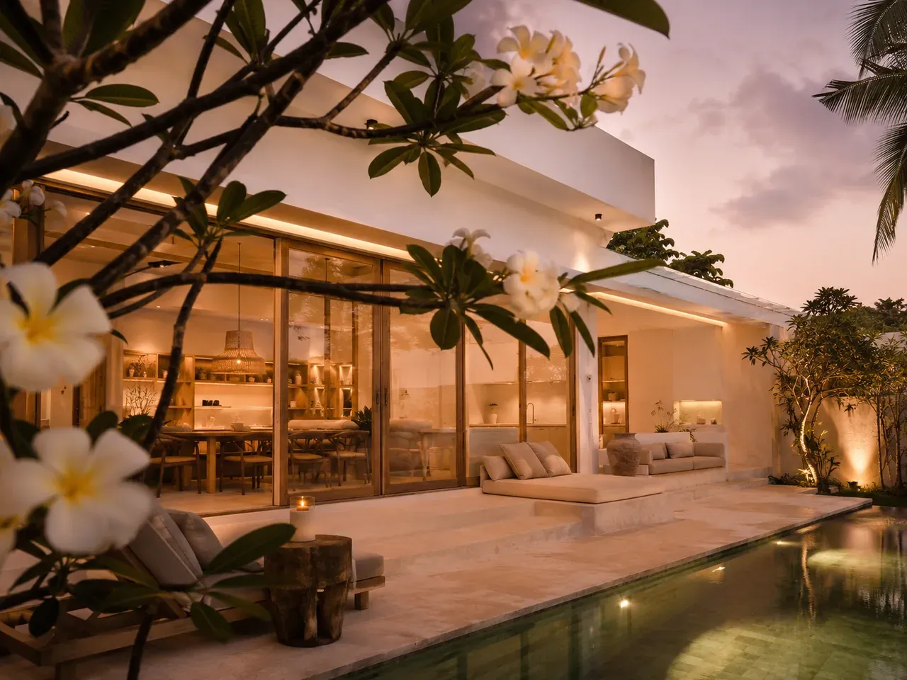 A modern villa terrace in Bali at dusk with warm light through floor-to-ceiling glass