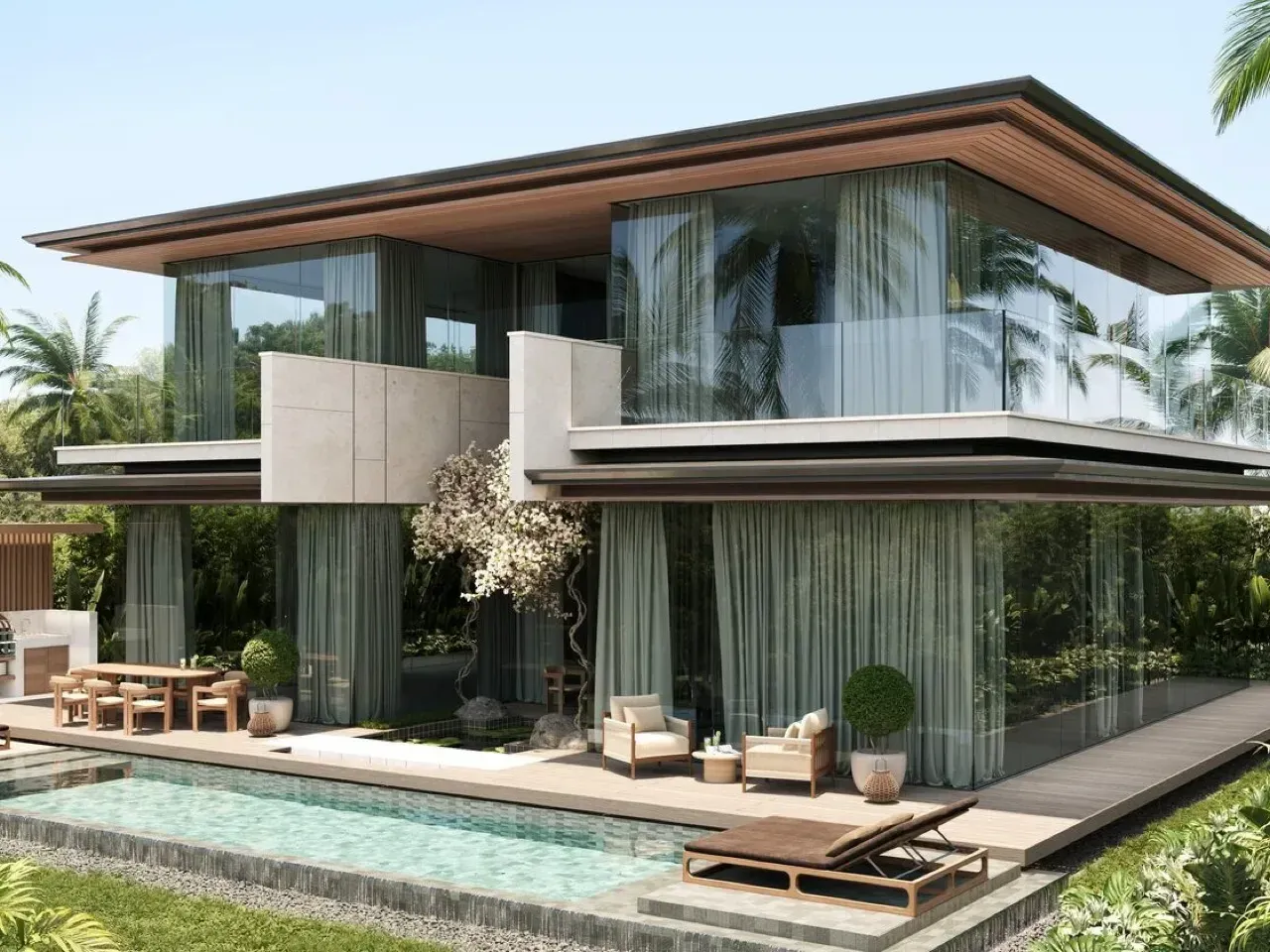 Render of a two-storey Aravita villa in Nusa Dua with glass walls, a private pool, an outdoor dining terrace and a tropical garden