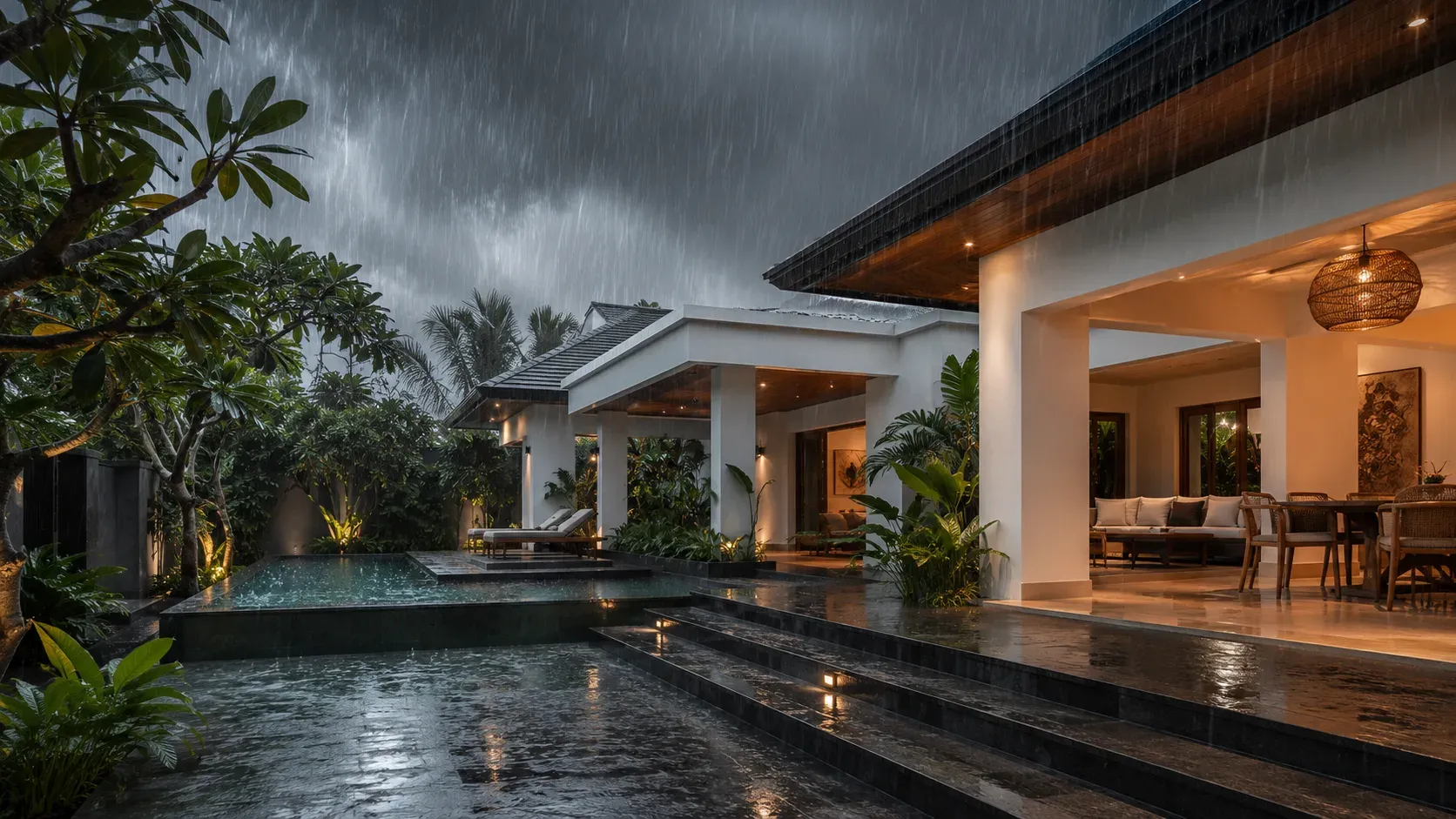 Monsoon rain streaking past the deep roof overhangs of a modern white tropical villa in Bali