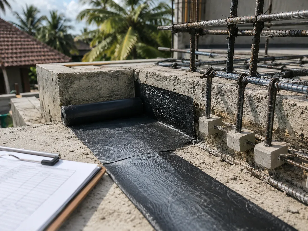 A waterproofing membrane being applied to a concrete slab edge during villa construction quality control