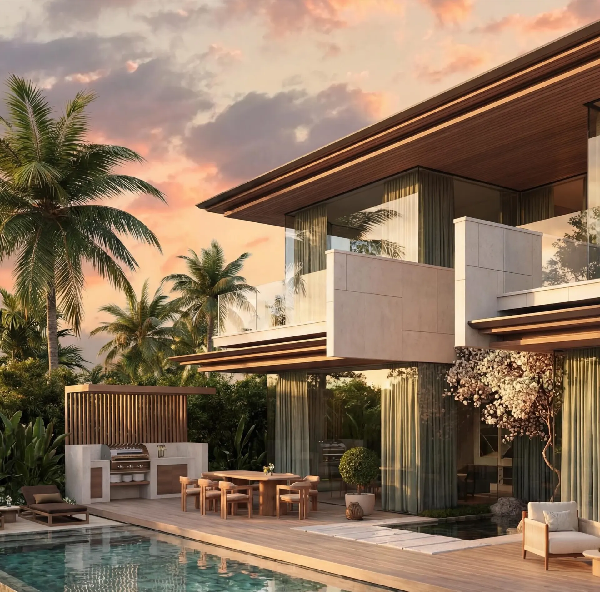 Aravita villa exterior at sunset