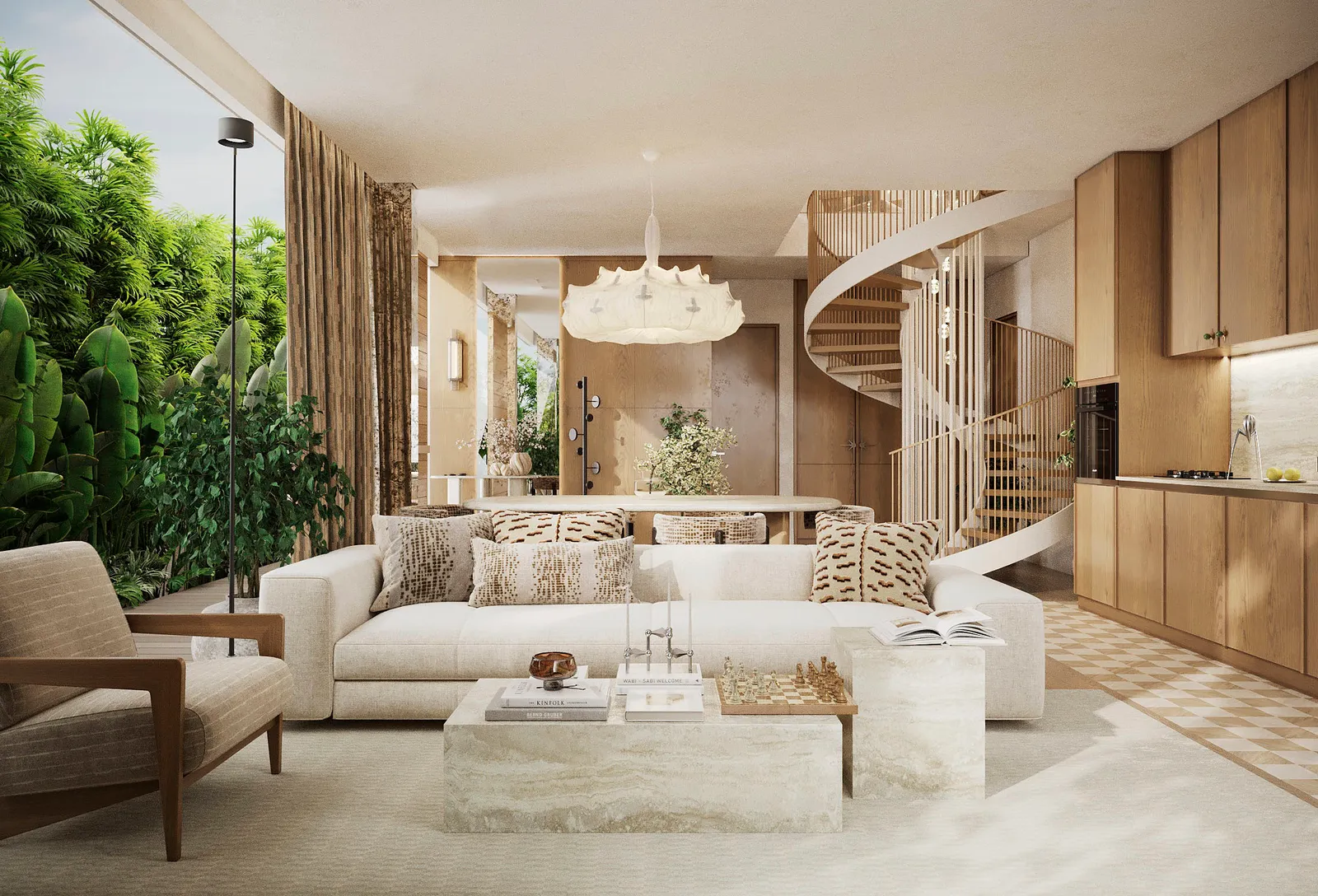 Aravita living room with spiral staircase