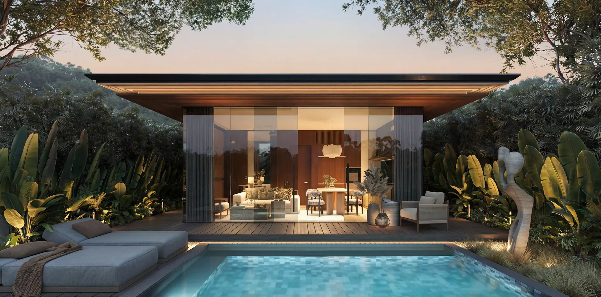 Aravita one-bedroom villa pavilion and pool at dusk