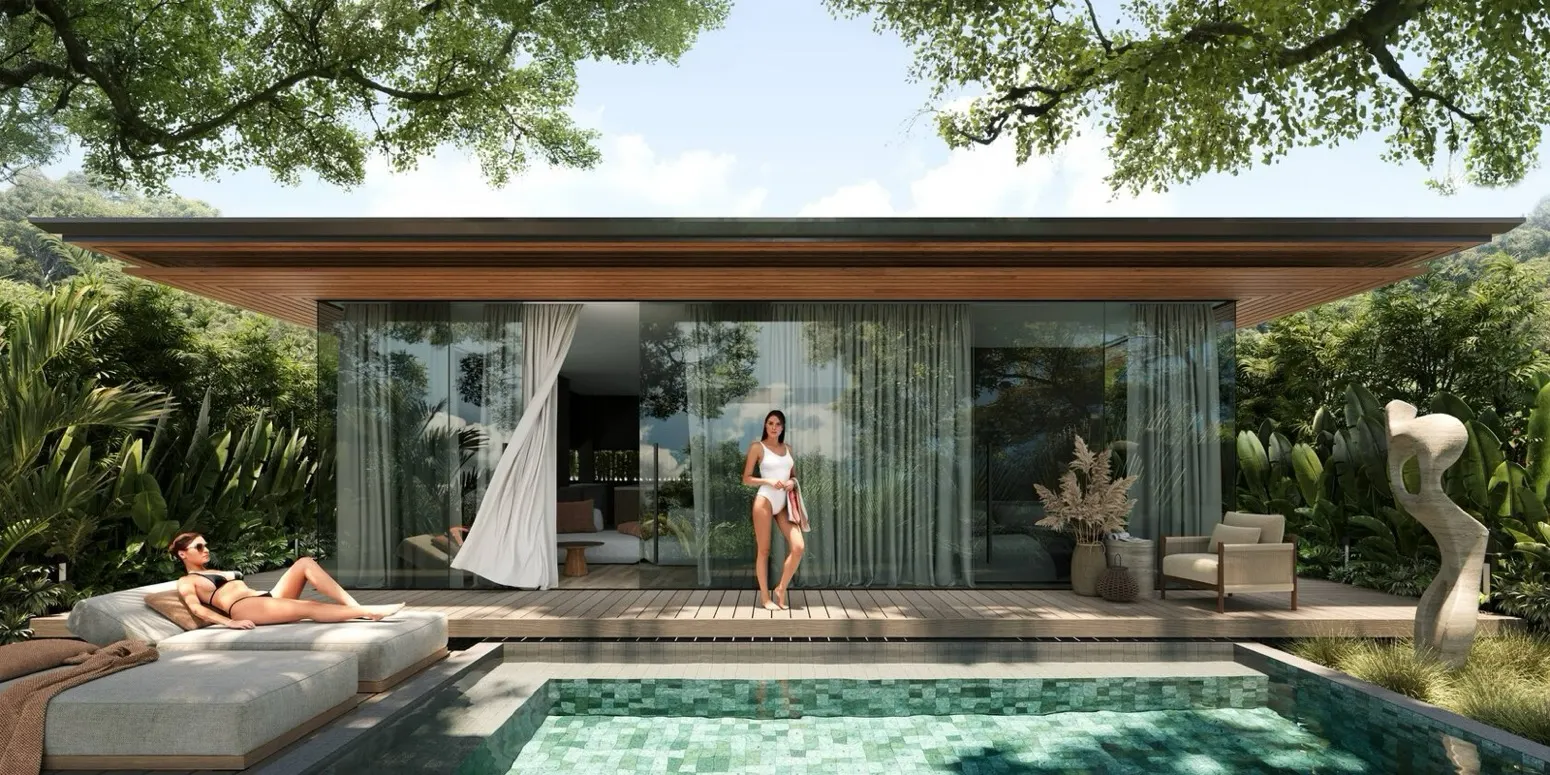 Aravita — two-bedroom villa pavilion with a floating roof, glass walls and a private plunge pool set in the jungle