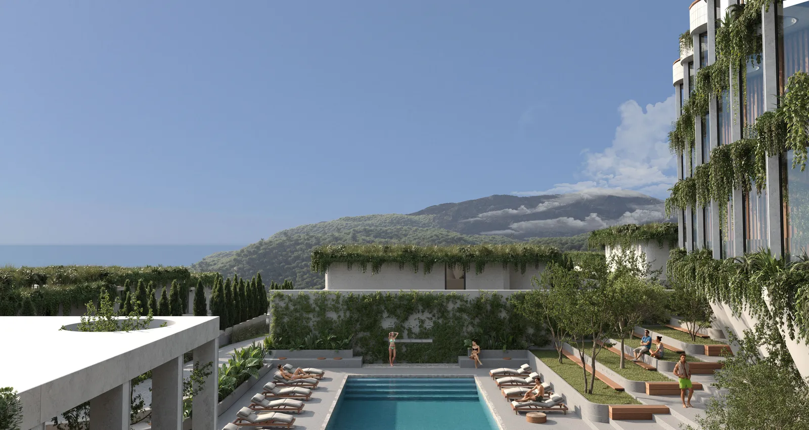 Ardhana hotel pool courtyard overlooking the coast