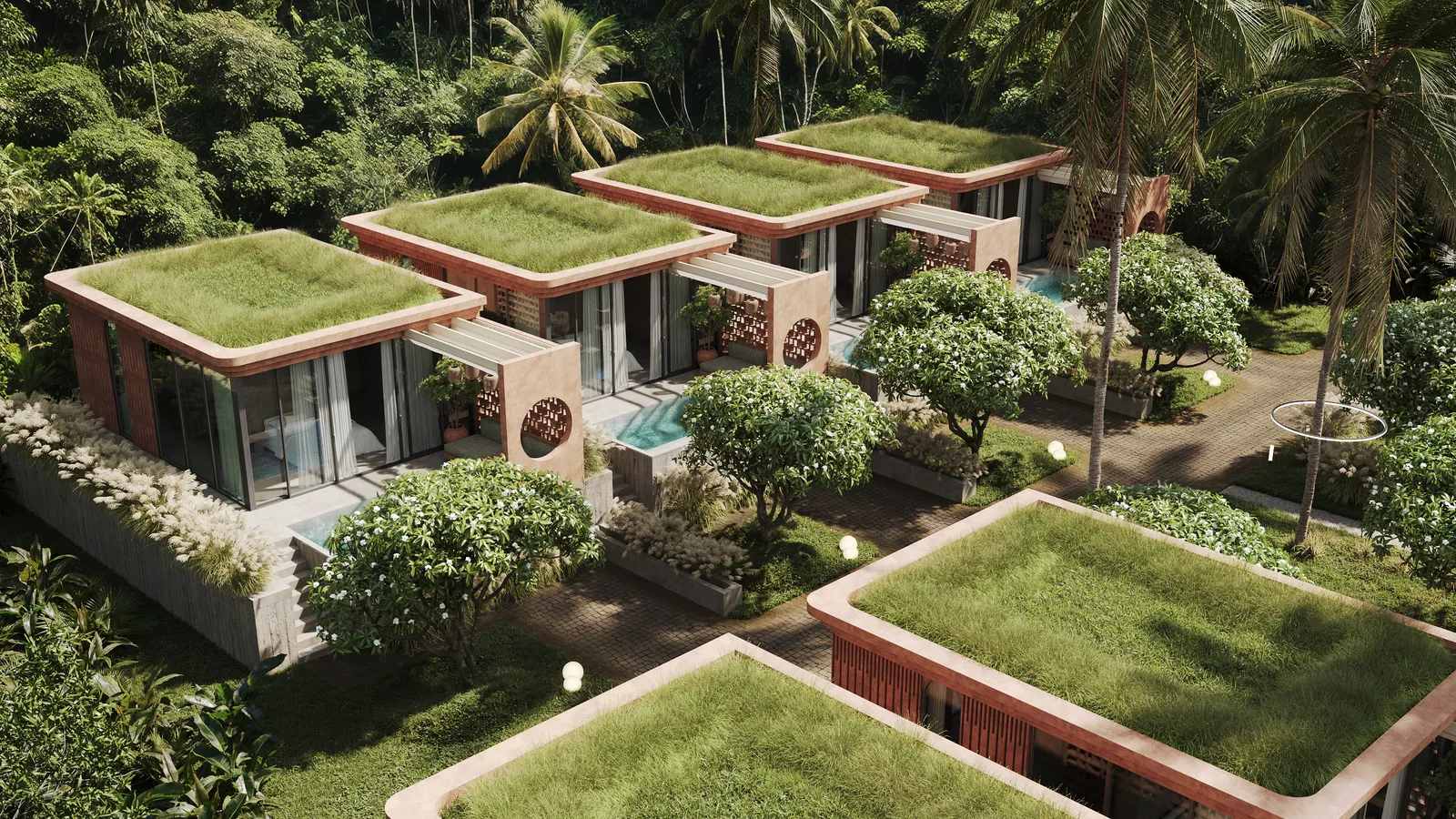 Ardhana green-roof villas from the air