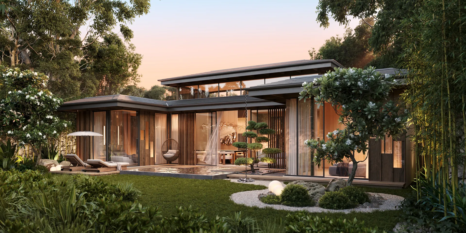 Satori three-bedroom villa with its garden and pool at dusk