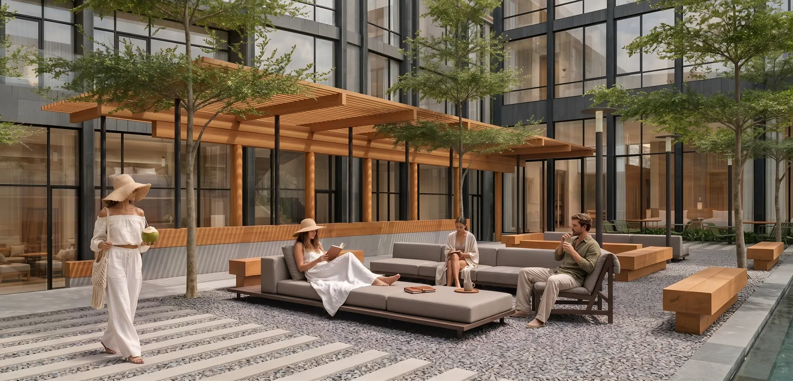 Satori courtyard lounge under pergolas