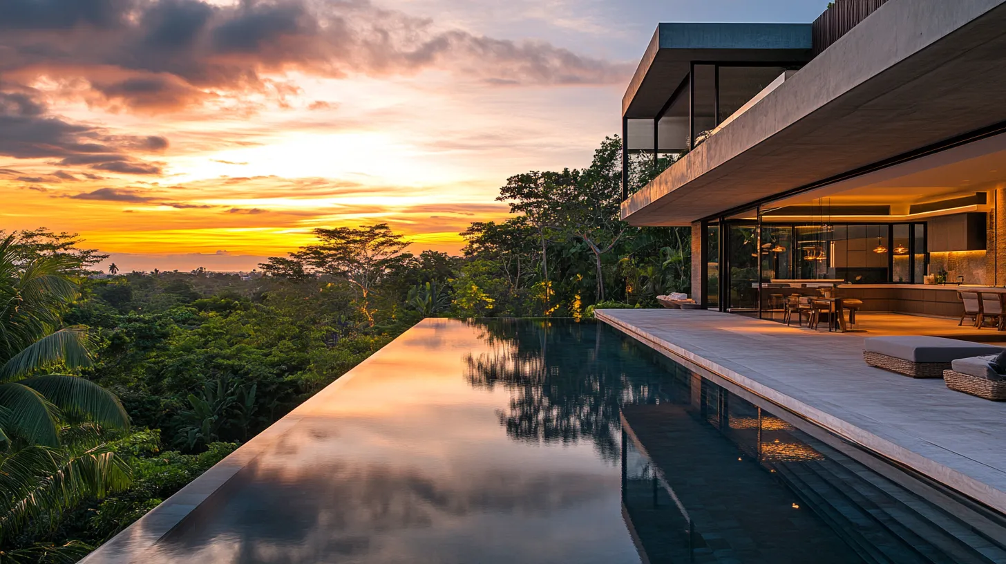 Villa infinity pool over the Bali jungle at sunset